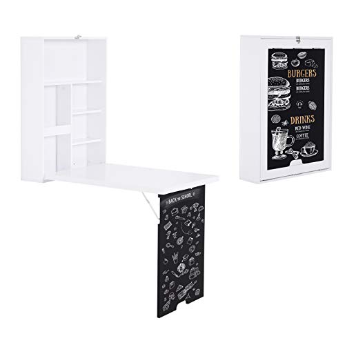 Image of Wall Mounted Office Desk, Fold Out Convertible Computer Desks with Storage Shelves, Multi-Function Folding Wall Desk Writing Table for for Small Spaces, Home Office (White+Black)