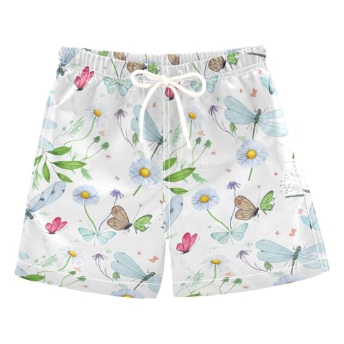 DOMIKING Dragonfly Daisies White Kids Board Shorts Little Boys Adjustable Bathing Suit for Hiking Swimming Quick Dry 4T