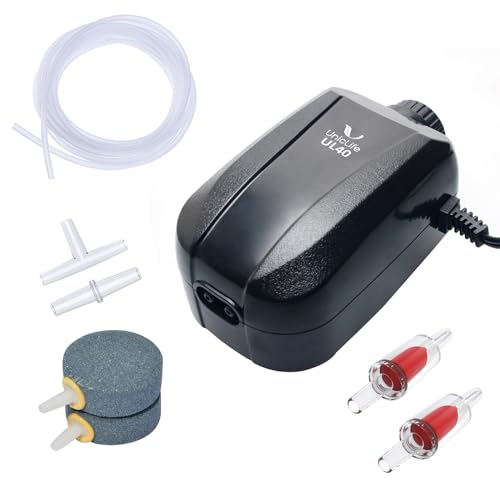 Uniclife 64 GPH Fish Tank Air Pump with Dual Outlets Aquarium Air Pump for 10-100 Gallon Fish Tank with Air Stone Airline Tubing Check Valve and Connector Accessories