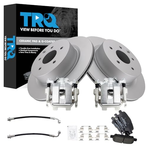 Image of TRQ Rear Brake Pad and Rotor Set Ceramic G Coated Calipers Compatible with 2011-2012 Infiniti G25 2011-2012 G37 2015 Q40 2010-2015 Nissan 370Z
