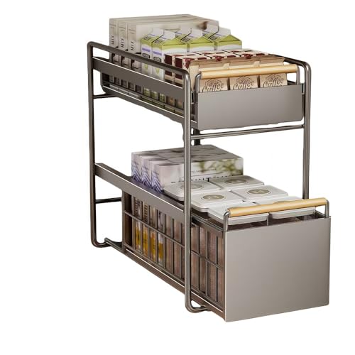 JNNJ家庭用キッチンシンク下収納棚、多機能調味料収納、大容量、省スペース、組立より小さい カーボンスチール製 耐荷重 防錆 (二層(小),グレー)