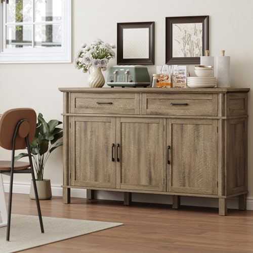 Image of ONBRILL 55 Inch Buffet Cabinet with Storage, Farmhouse Sideboard Buffet w /2 Drawers and 3 Doors, Coffee Bar Cabinet with Adjustable Shelves, Sideboard Storage for Kitchen, Living Room, Washed Grey