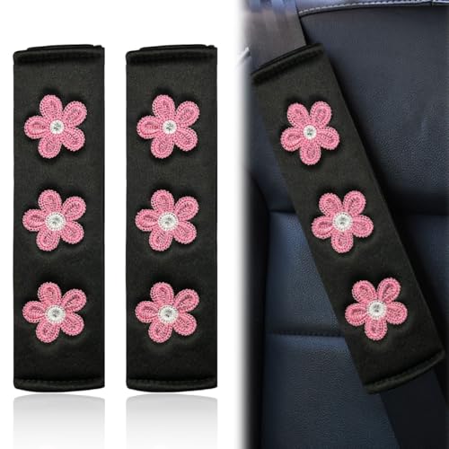 Image of 2PCS Daisy Flower Car Seat Belt Cover Pads, Protect Neck, DeepPink | Soft Breathable Auto Seat Shoulder Strap Pad, Comfortable Seatbelt Cushion, Vehicle Interior Decoration for Cars, Trucks