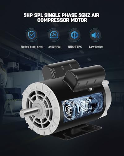 Air Compressor Motor 5HP SPL Electric Motor, 3450 RPM, 230V Single Phase Motor, 56HZ Frame 7/8 Keyed Shaft 60 HZ