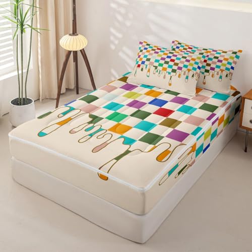 Image of Pastel Checkered Zipper Bedding Set Queen Zip Up Bedding Checkerboard Drip Comforter Set with Sheets,Grunge Aesthetic Modern Geometric Bed in a Bag Bed Sets with 2 Pillowcases Retro 2000S Room Decor