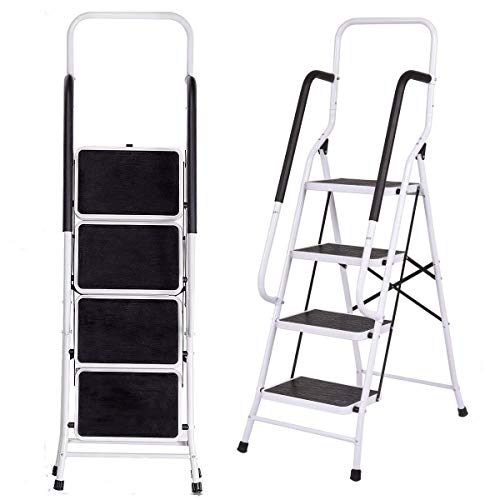 Escabeau 4 Marches avec 2 Rampes de Sécurité & Garde-Corps, Échelle Pliable en Acier Max.150 kg - Escabeau Ménager pour Intérieur / Extérieur Cover