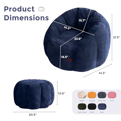 Image of MAXYOYO Giant Bean Bag Chair with Ottoman, Pumpkin-Shaped Bean Bag Sofa with Footstool, Oversized Boneless Couch Chair in a Box, Comfy and Lazy Lounge for Dorm, Living Room, Bedroom, Navy