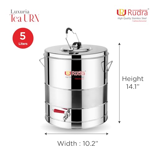 Image of Rudra Stainless Steel Luxuria Tea Container /Urn Eco-Friendly Tea /Coffee| Kettle with Tap, Hot & Cold | Chai Pot Dispenser Jar | for Canteen Kitchen | Silver (5, Cylindrical, 1, RU3005)