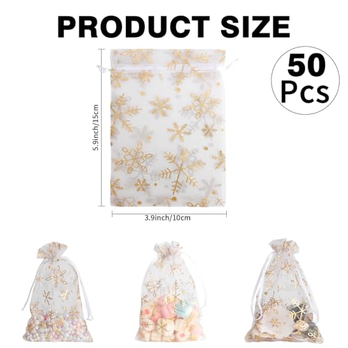 Image of Snowflake Organza Bags, 50 PCS Christmas Sheer Organza Bags with Drawstring 4 x 6 inch, Jewelry Gift Bag, Gold Small Mesh Goodies Xmas Wedding Favor Mini Candy Pouches Bag for Christmas Party Favors