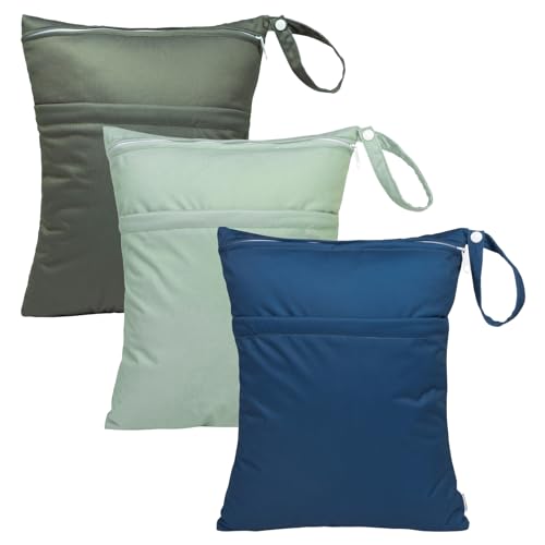 Image of babygoal Wet Dry Bags for Baby Cloth Diapers 3 Pack, Washable Travel Bags, Beach, Pool, Gym Bag for Swimsuits & Wet Clothes with Two Pockets, Snap Handle 3LN32