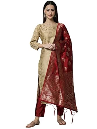 VredeVogel Damen Kurta-Set - Baumwollseide Mit Banarasi Dupatta
