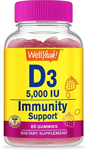 Wellyeah Vitamin D3 5000 Iu (125 Mcg) Extra Strenght Gummies -For Bone Health, Immune Booster, Bone And Teeth Support -Non Gmo, Gluten Free, Nut Free, Vegetarian -Strawberry Flavor -60 Gummies #TOP18