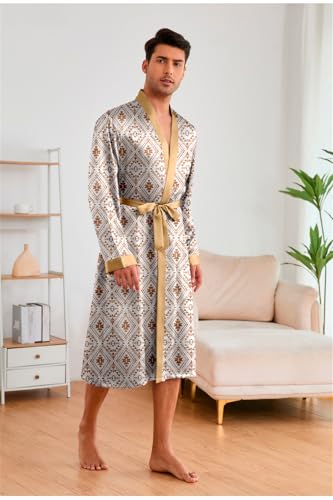Men Sleepwear Paisley Long Sleeve Kimono Robe With Shorts Satin Nightgown Pajama Sets4