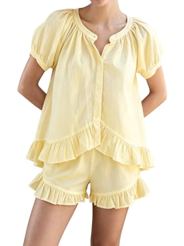 Image of Womens Ruffle Pajama Set Short Sleeve Button Down Top and Shorts | Cotton Ruffle Pajamas Set, Ruffle Shorts Set Women, 2 Piece Shorts Set for Women