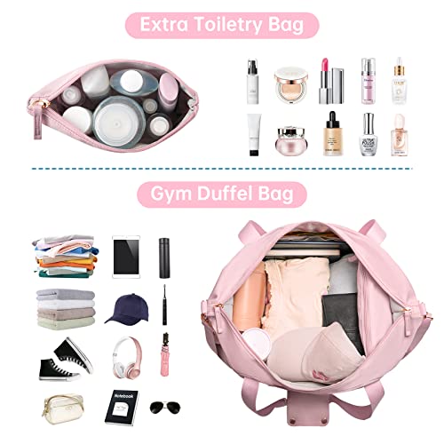Gym Bag for Women, Sports Travel Duffel Bag with USB Charging Port, Weekender Overnight Bag with Wet Pocket and Shoes Compartment for Women Girls Travel, Gym, Yoga, School (Pink)