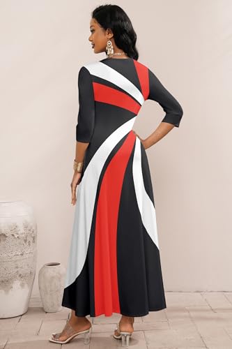 Image of Runwind Maxi Dress for Women with Ruched Waist - Semi-Formal 3 /4 Sleeve Crew Neck Long Dresses for Wedding Guest & Church
