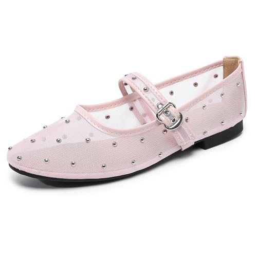 Image of Mesh Ballet Flats Shoes for Women Comfortable Studded Mary Jane Shoes Ballerina Buckle Strap Business Office Work Dress Shoes