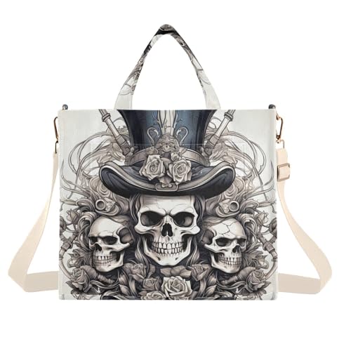 Styled Skull Corduroy Women Tote Bag, Handbag Purse with Detachable Strap Small Size