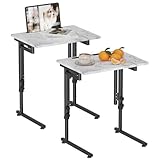 Fleecy day TV Tray, Folding TV Dinner Table, Adjustable Small C-Shaped End Tray for Eating, Foldable Slide Under Couch Side Table for Recliner, Living Room,No Assembly Required(White Marble,2Pcs)