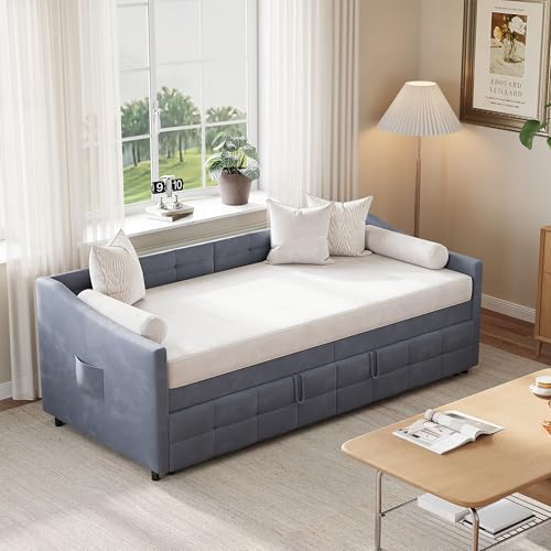 WSOFZMO Schlafcouch Ausziehbar, Tagesbett Ausziehbar, Ausziehbett, Schlafcouch 180x200, Flanell, 90/180 x 200 cm, ohne Matratze (Grau)