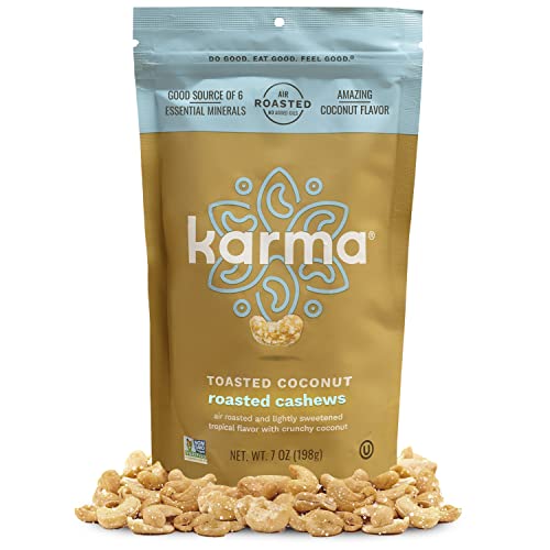 Toasted Coconut Air Roasted Whole Cashews by Karma Nuts, Lightly Sweetened, Peanut-Free Facility, Kosher, Everyday Nut Snack, 7oz Resealable Bag