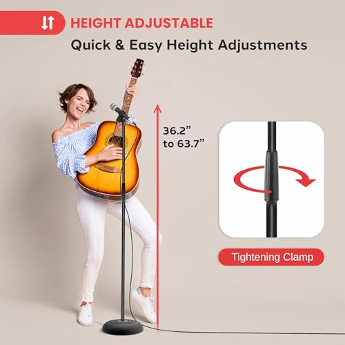 Image of Pyle Adjustable Height Microphone Stand, 36.2 inch - 63.7 inch Inches Universal Mic Holder, Compact Design, Sturdy and Lightweight, Ideal for Studio and Concerts, With Mic Clip, Rubber Base (Black)