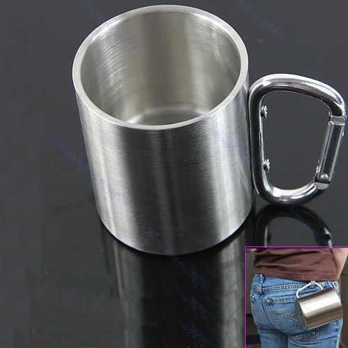 Stainless Steel Outdoor Camp Camping Coffee Mug Cup Carabiner Hook Double Wall