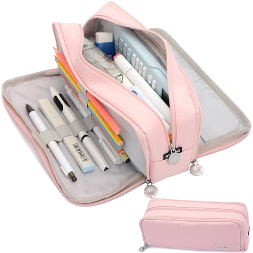 Image of Large Capacity Special Aesthetic Pencil Case Organizer with 3 Compartments, Big Preppy School Pencil Pouch Bag for Girls Women Adults, Pencil Holder Pen Pouch Cases (Pink 1)