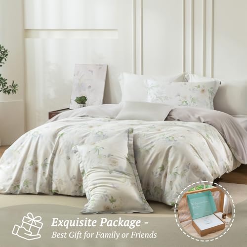 MILDLY Queen Size Duvet Cover Set 100% Long-Staple Cotton Luxury White Floral Patten Reversible Comforter Cover Set 3Pcs