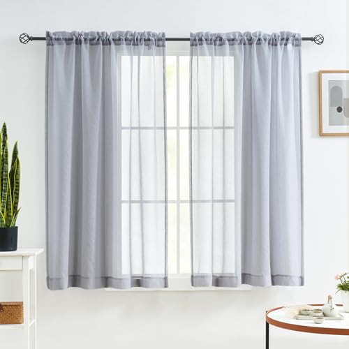 Image of MYSTIC-HOME Sheer Curtains 45 Inch Length, Rod Pocket Voile Drapes for Living Room, Bedroom, Window Treatments Semi Crinkle Curtain Panels for Yard, Patio, Villa, Set of 2, 52 inchx 45 inch, Silver Grey