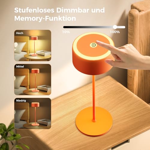 TYEE Tischlampe Kabellose LED Dimmbare Akku Tischleuchte, Wiederaufladbar Warme Lichtfarbe 2200-3000K Tischleuchte Für Innen und Aussen mit USB-C, Aluminium Tischlampe IP54 Wasserdichte, Orange