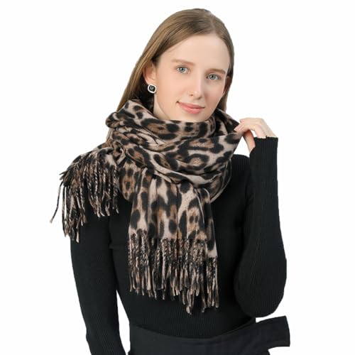 MAKFORT XXL Schal Damen Klassisch Leoparden Schal Herbst Halstuch Damen Winter Warme Super Lange Stola Frauen Mit Quasten 200 * 70CM