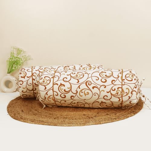 Image of AURAVE Cotton 144 TC Printed Bolster Cover with Drawstring Closure, Set of 2, Soft Breathable Durable Machine Washable for Sofa Bed & Home Decor, 15 inchx30 inch, Mustard | Cover Only