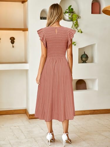 Image of Simplee Womens Striped Midi Summer Dress Linen Smocked Flutter Short Sleeve Dress Flowy Casual Dress with Pockets