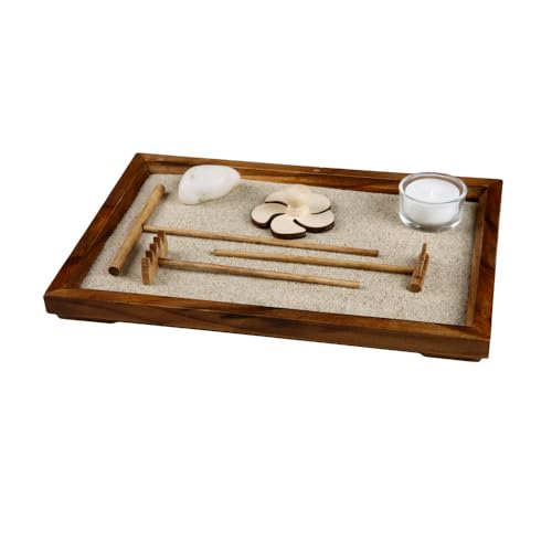 Loveria Zen Garten Schreibtisch Braun | 28x19cm | Set mit Sand Teekerzen-Glas Stempel Kurzhake Schieber Dekostein Tablett | Mini-Zen-Garten mit Zubehör