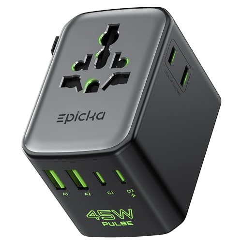 Image of Epicka Pulse Duo 45W Universal Travel Adapter, International Power Adapter with PD & QC 3.0 Fast Charging for 2 Devices Simultaneously, European Travel Plug Adapter, Travel Essentials (Black)