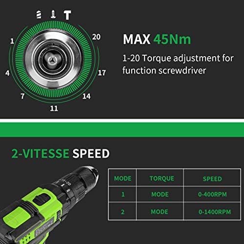 Ginour Cordless Drill torque adjustment ring and speed table
