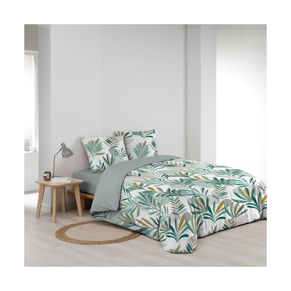 Douceur d'Intérieur, Parure de Lit 3 Pièces Louna (240x220 cm) Vert, Microfibre Imprimée