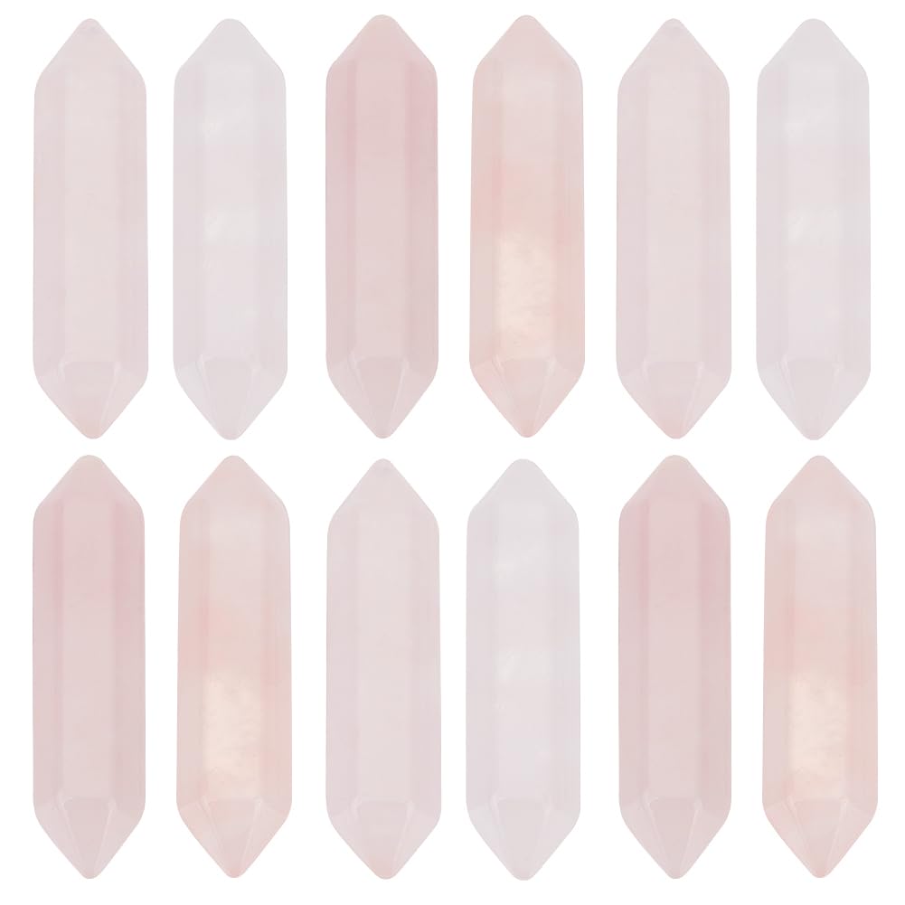 12Pcs Natural Rose Quartz Points Bulk Stones No Hole Quartz Crystal Wand Hexagonal Bullet Rose Quartz Crystal Double Terminated Quartz Crystals for DIY Crafts Necklace Jewelry Making