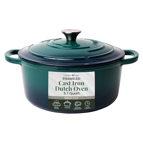 Larder & Vine Enameled Cast Iron Dutch Oven | 5.7qt Dutch Oven Pot with Lid | Dutch Oven for Bread Baking | Compatible on All Cooktops & Oven Safe to 500° F | Great for Sourdough Bread | Bondi
