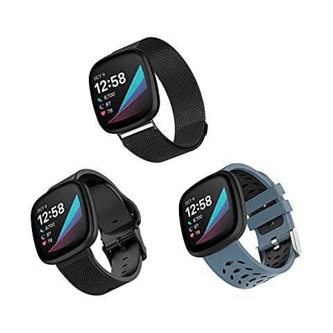 WITHit Replacement Bands for Fitbit Versa 3/Fitbit Sense (Black Mesh, Bluestone Sport Silicone & Black Woven) Cover