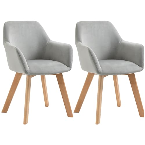 HOMCOM Lot de 2 chaises de Salle à Manger Chaise de Cuisine Assise rembourrée en Tissu Effet Velours Pieds en Bois pour Cuisine Salon Chambre Bureau, Gris