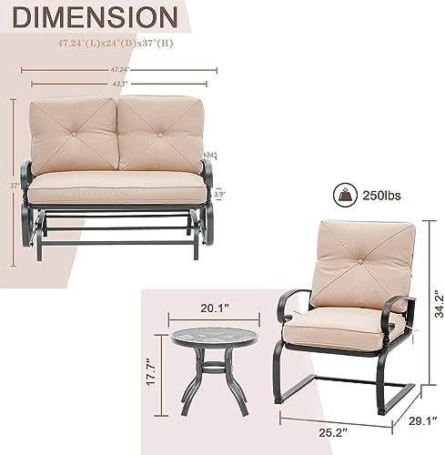 Oakmont 4 Pieces Metal Outdoor Furniture Patio Conversation Set, Glider Chairs Set with Round Side Table, Spring Lounge Chair Sets Metal Frame Wrought Iron Look (Brown)