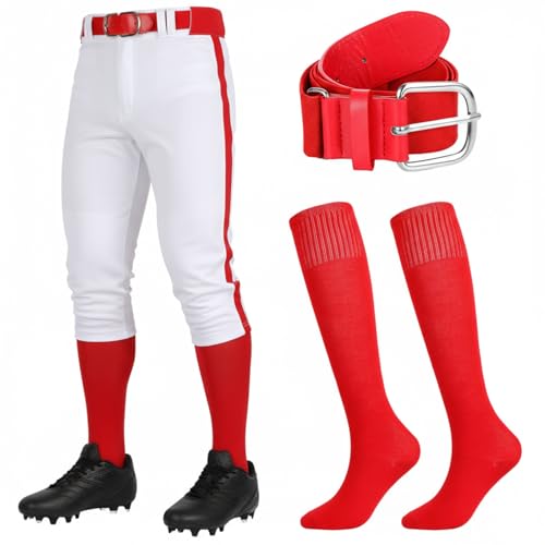 Image of Cozypower Youth Boys Girls 3 Piece Baseball Combo Set Softball Pants with Socks and Belt, red, white, 8-9 Years