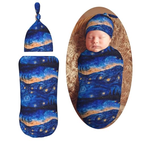 Image of Starry Sky Watercolor Starry Newborn Swaddle Blankets Hat Sets Soft Baby Receiving Blanket Swaddle Sack for Baby Shower Infant Boy Girl Gift
