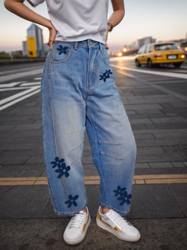 Women's Mid Rise Barrel Jeans Ankle Y2k Baggy Boyfriend Jeans Vintage Wide Leg Denim Pants with Pockets4