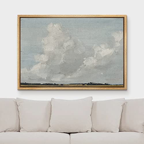 Mudecor Framed Canvas Print Wall Art Gray Clouds Over Rustic Field Landscape Nature Wilderness Illustrations Modern Art Farmhouse/Country Cool For Living Room, Bedroom, Office - 24"X36" Natural #TOP1