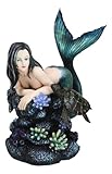 Ebros Gift Seductive Siren Maiden Mermaid with Green Iridescent Tail and Turtle Companion Resting by Coral Rocks Statue Nautical Sirens of The Seas Sculpture Coastal Decor