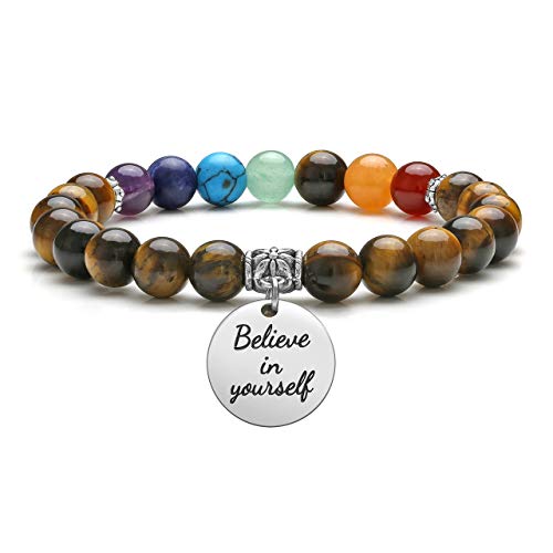 Jovivi 7 Chakra Bracelet Natural Gemstone Tiger Eye Healing Crystals Stone Bracelet Believe in Yourself Inspirational Mala Yoga Message Charm Stretch Bracelets