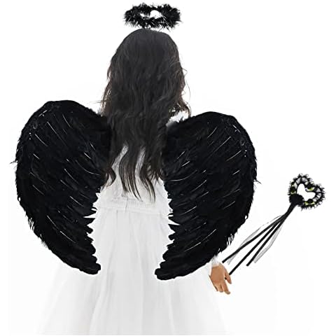 DAOUZL Angel Wings Black, Angel Costume Women's with Halo and Wand, Angel Costume Children, Angel Fancy Dress, Angel Wings Children for Halloween Carnival Cosplay Party Cover